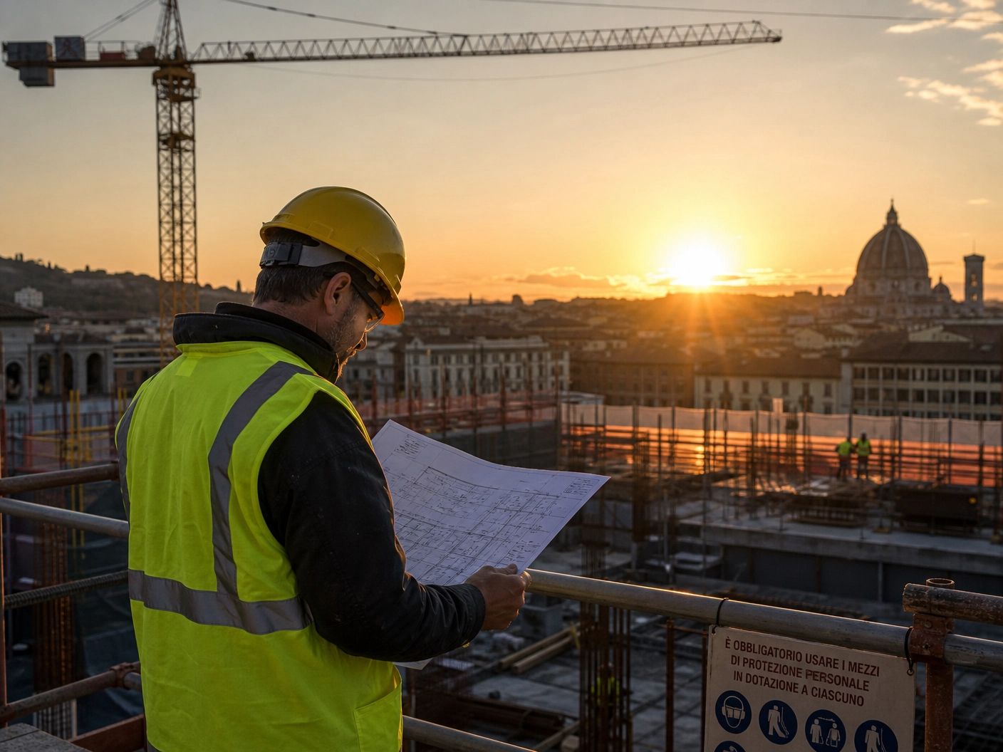 Lavoratore in cantiere con blueprint